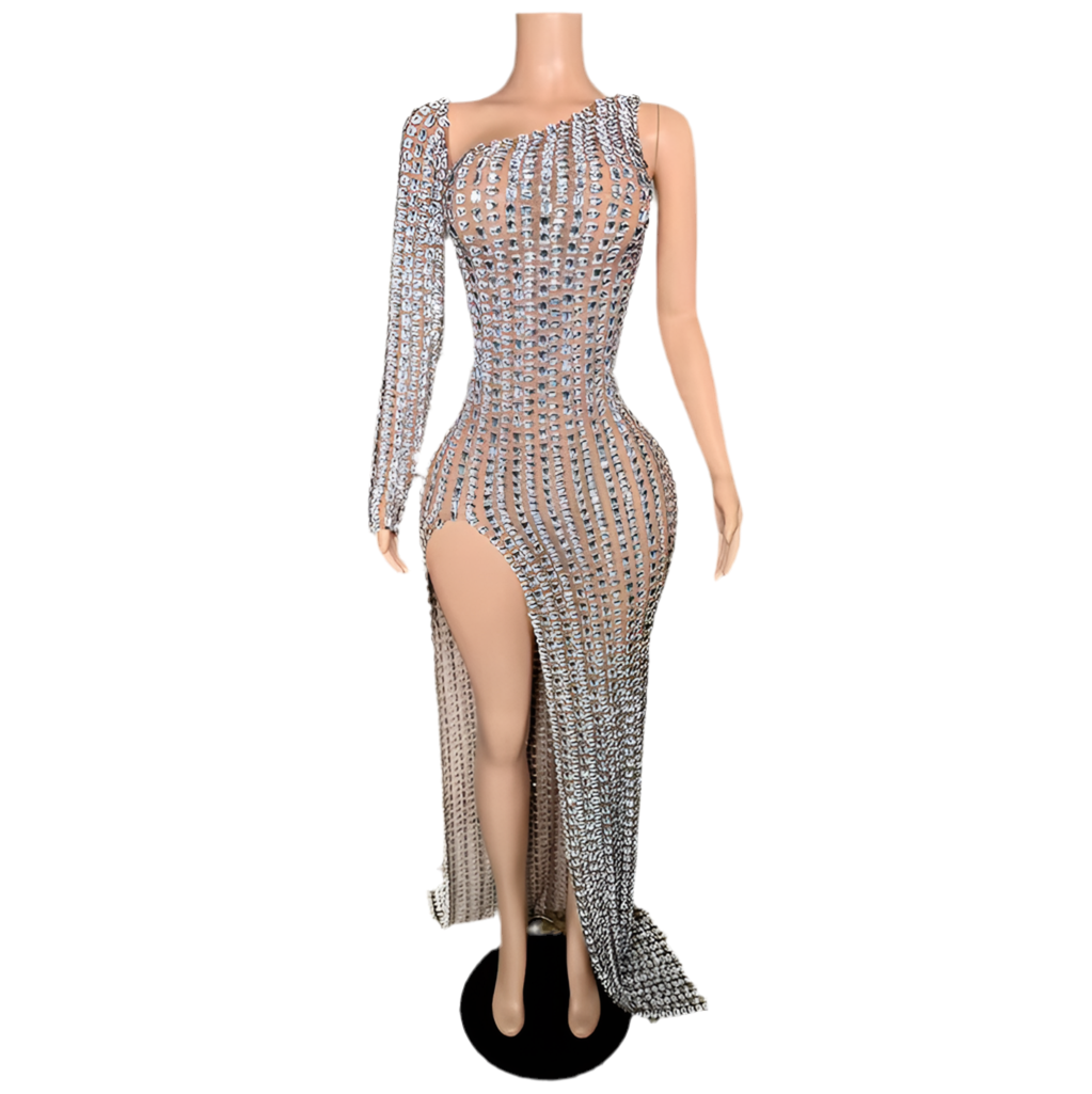 diamond mesh dress Diamond Drip One-Sleeve Gown – Crystal Mesh Rhinestone Evening Dress – Ravishing Beauties Boutique