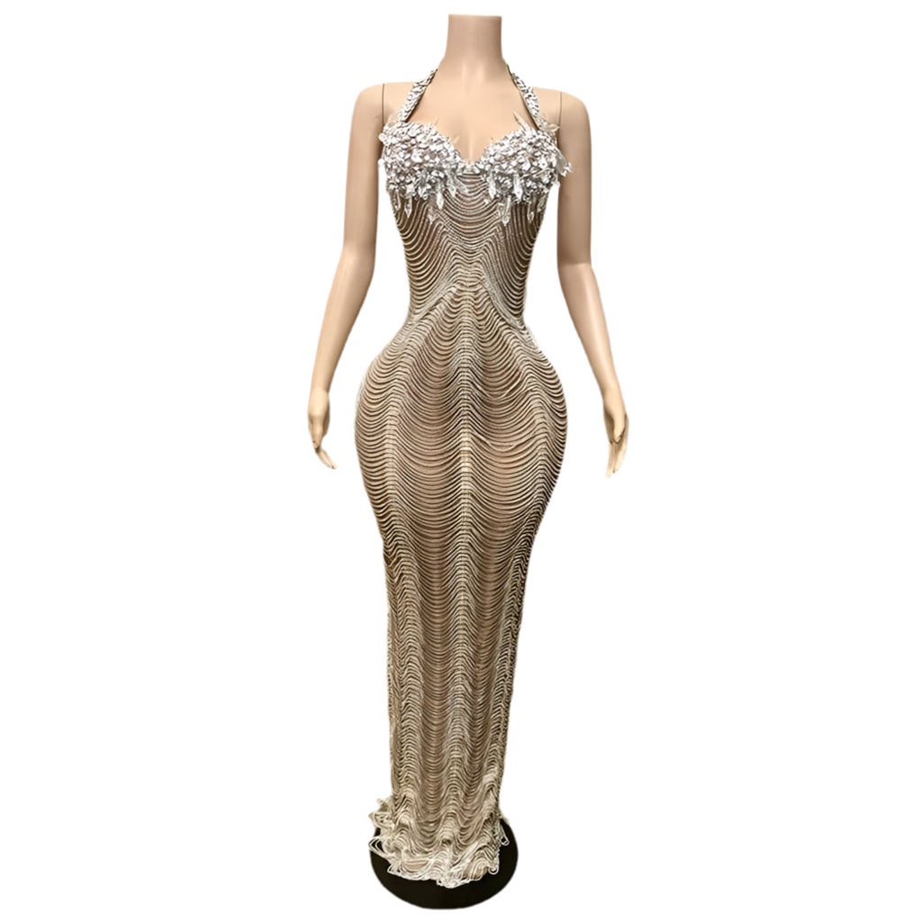 Opal Envy Gown – Silver Rhinestone Halter Evening Dress
