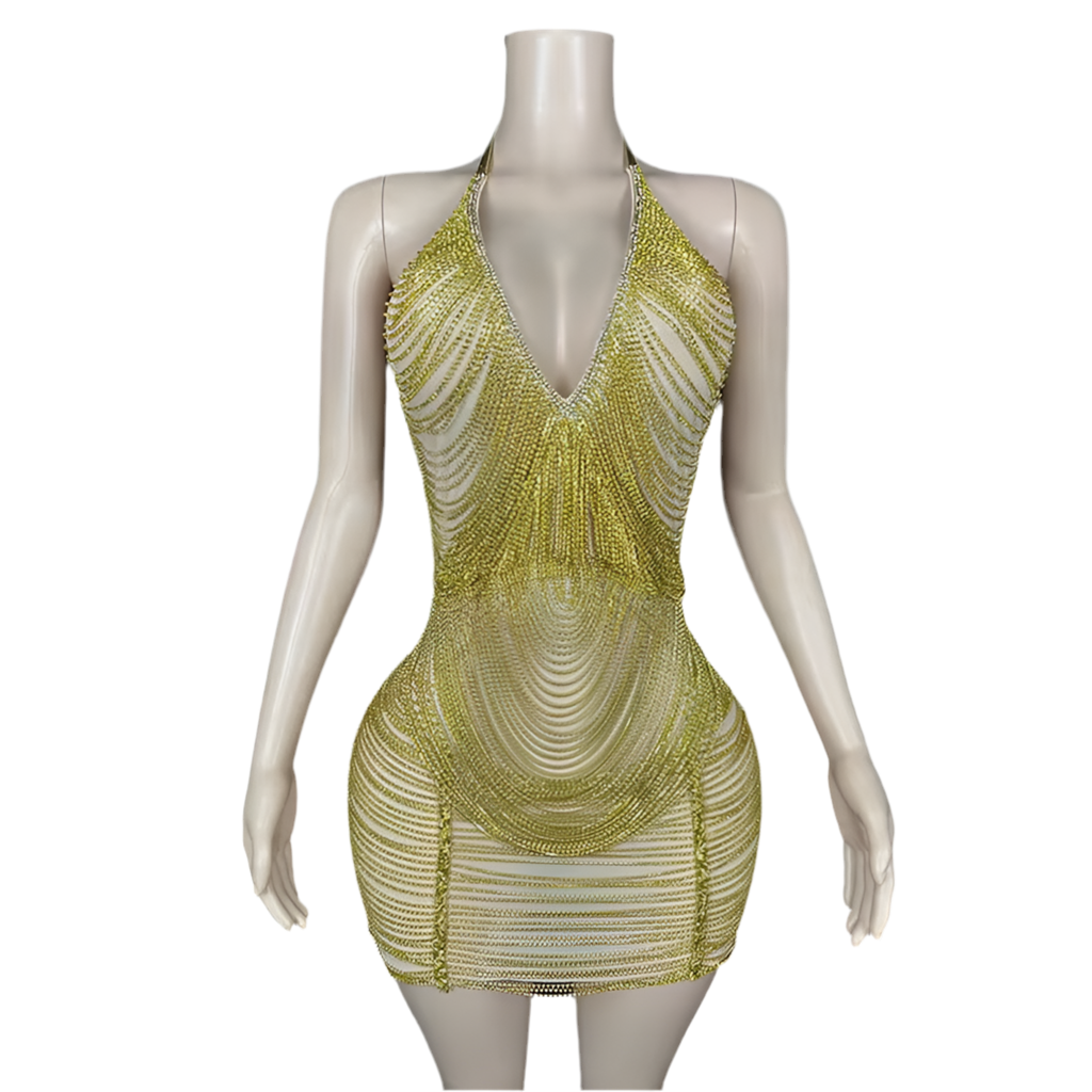 Golden Luxe Backless Dress – Metallic Gold Halter Mini Party Dress