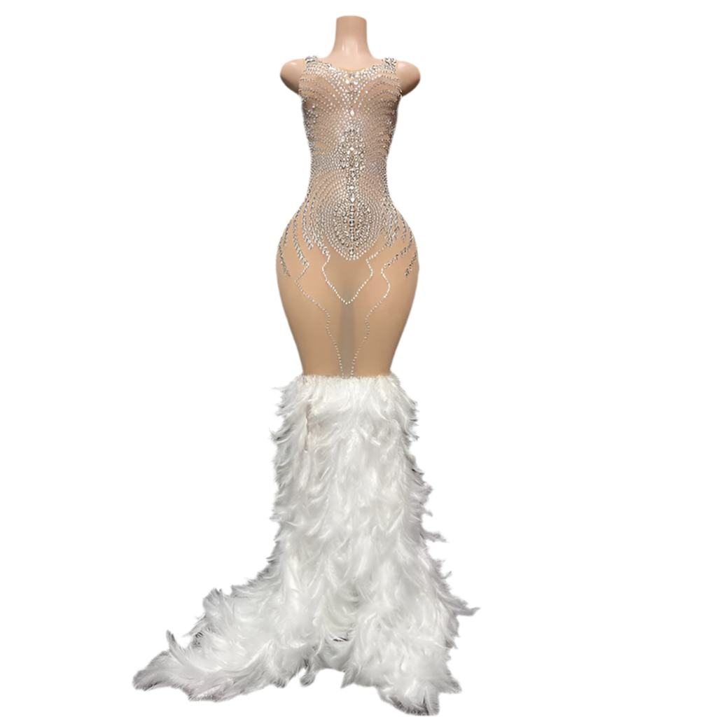 Diamond Luxe Feather Gown – White Crystal Rhinestone Red Carpet Evening Dress