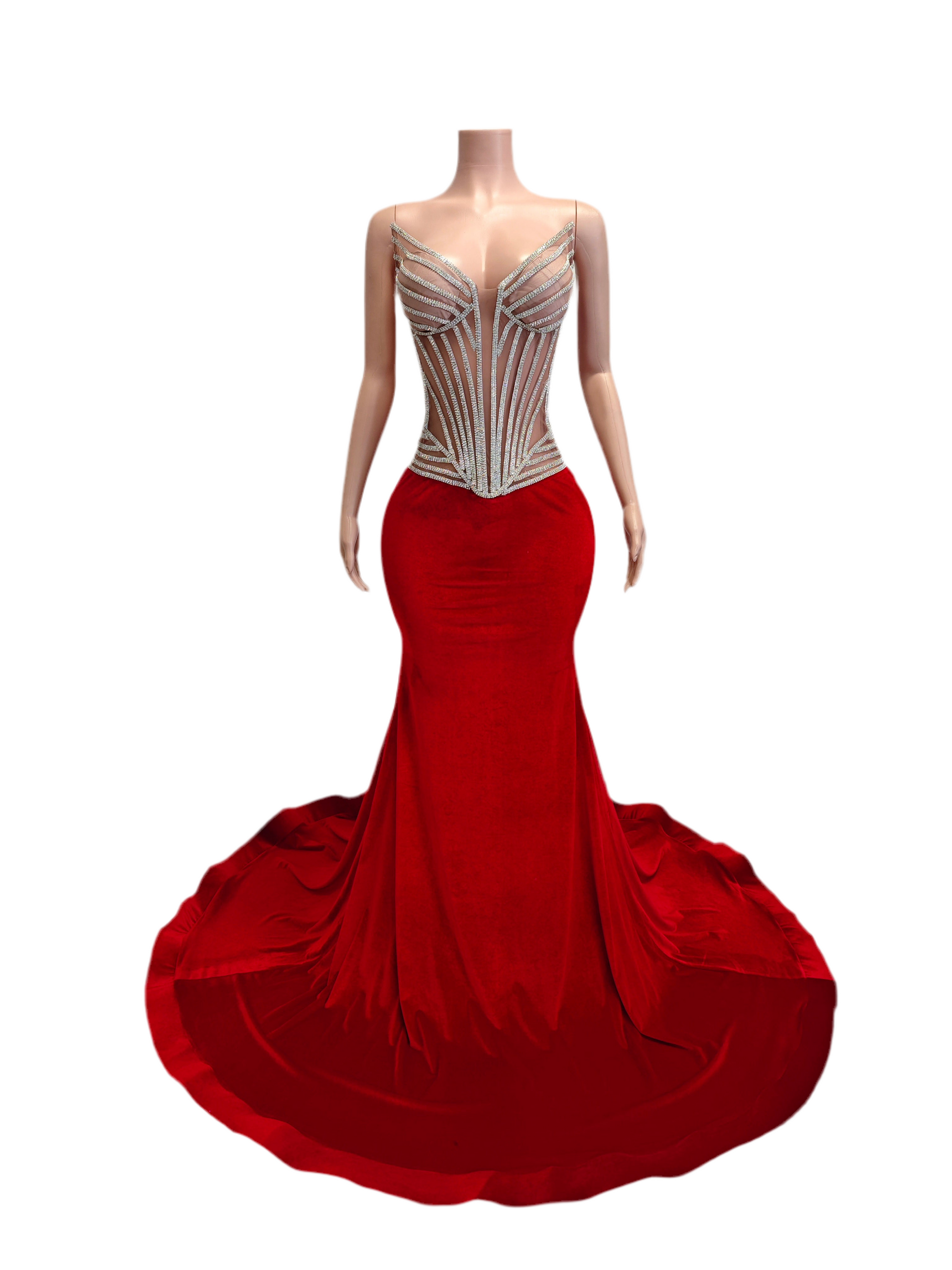 Red Corset Rhinestone Gown – Glamorous Floor-Length Evening Dress
