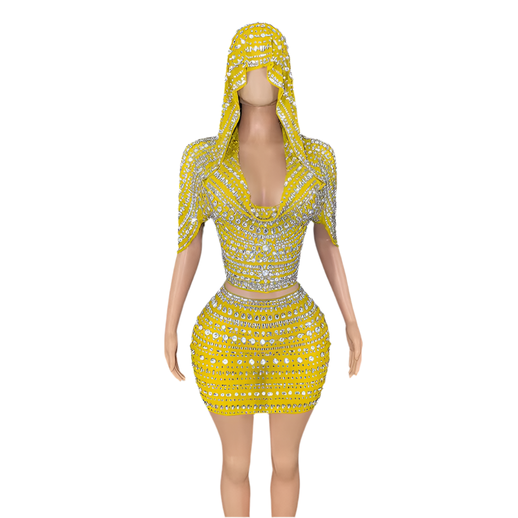 Diamond Drip Hooded 2-Piece Set – Rhinestone Crop & Mini Skirt