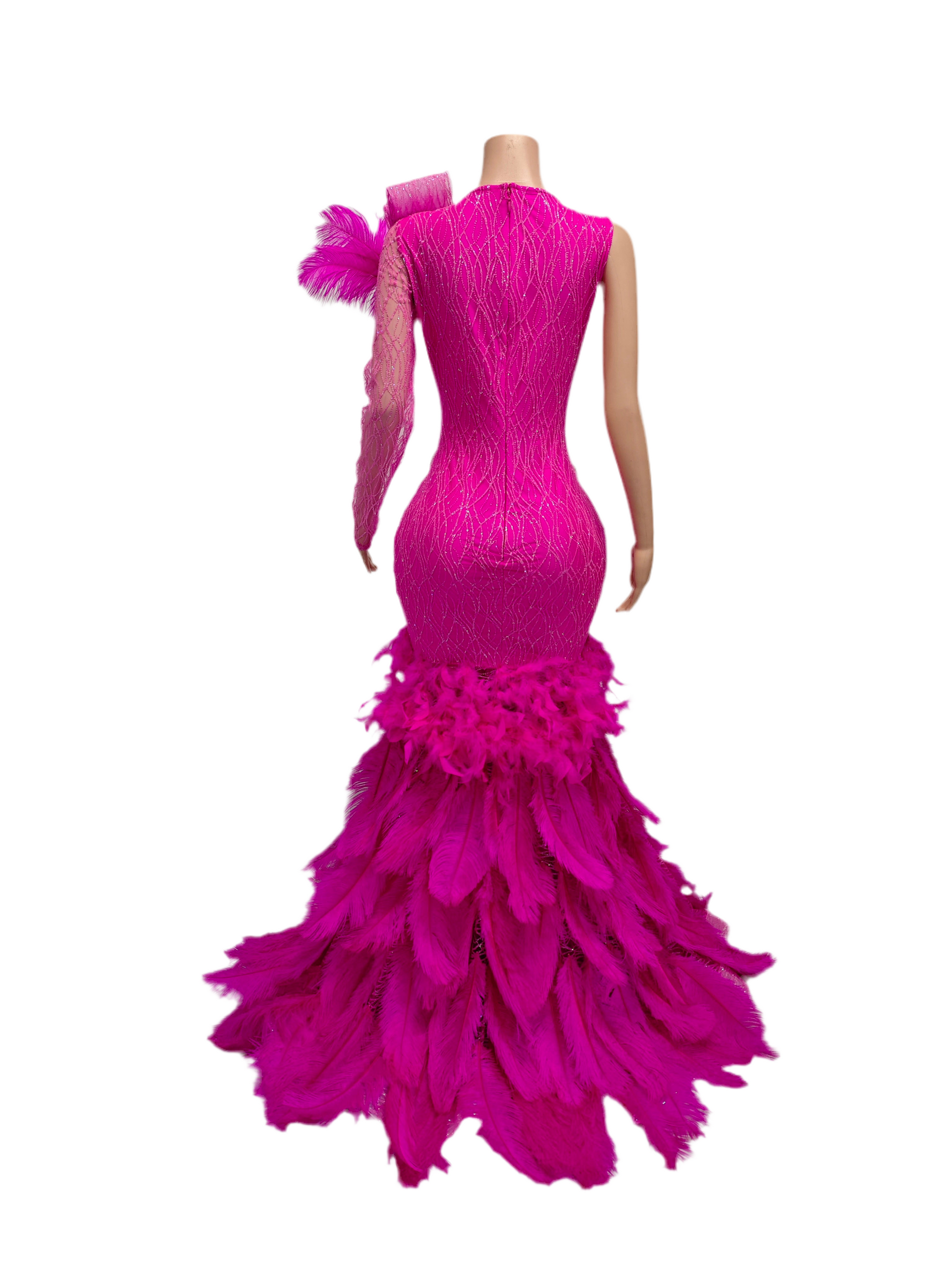 Hot Pink Feather & Rhinestone Evening Gown – One Shoulder Luxury Prom & Birthday Dress