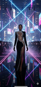 Diamond Illusion Velvet Gown – Sheer Rhinestone Cutout Evening Dress