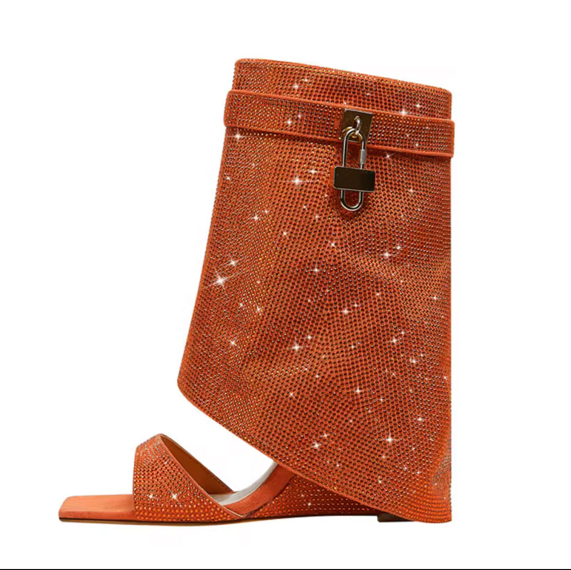 Sunset Sparkle Shield Heels – Orange Crystal Wrap Sandals
