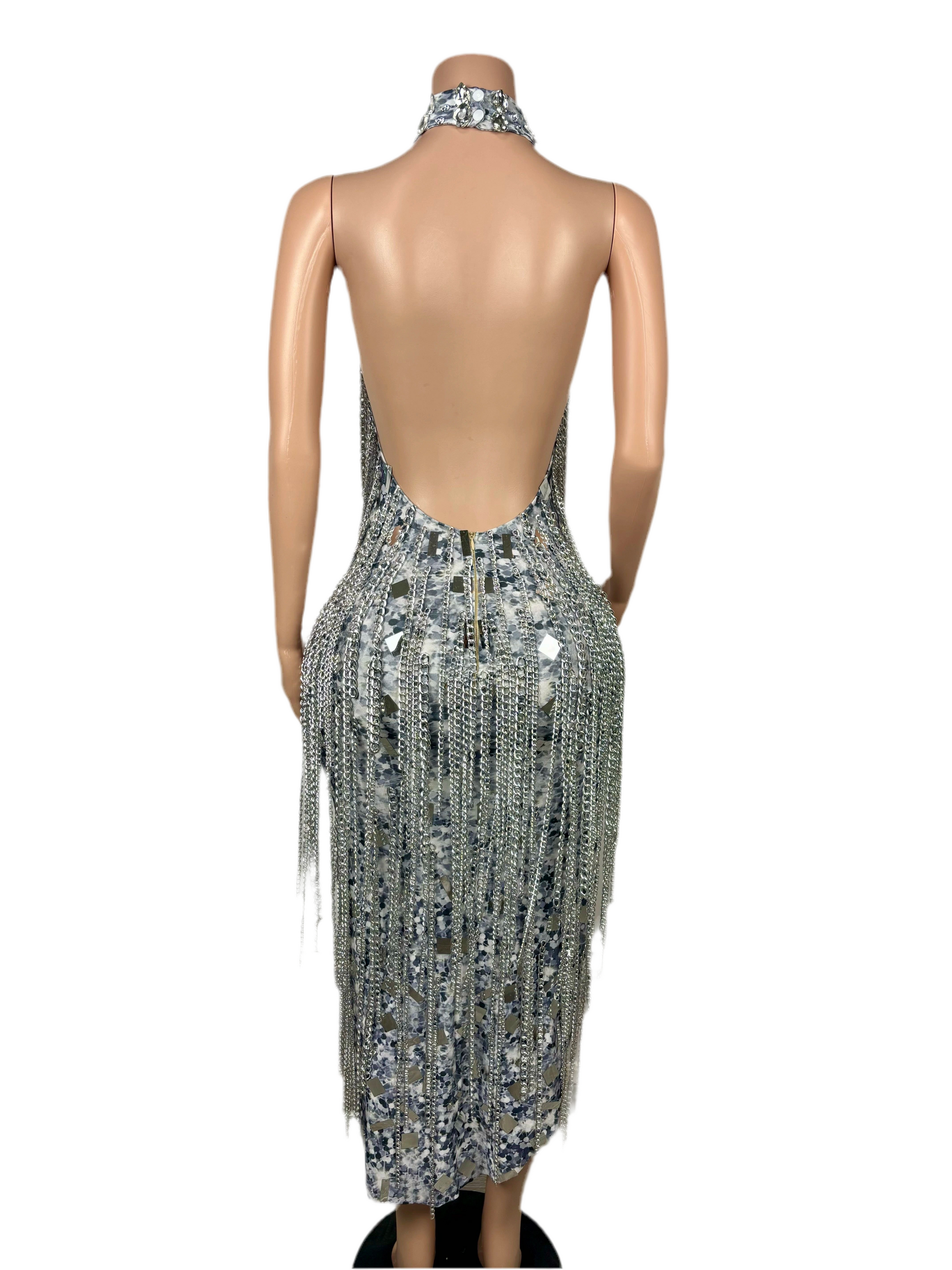Diamond Drenched Fringe Gown – Silver Rhinestone Evening & Gala Dress