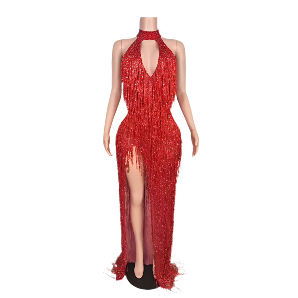 Frosted Fantasy Fringe Gown – Sparkle Crystal Halter Evening Dress