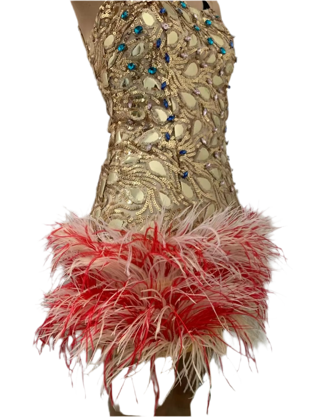 Golden Blaze Feather Mini Dress – Sequin Birthday & Party Outfit