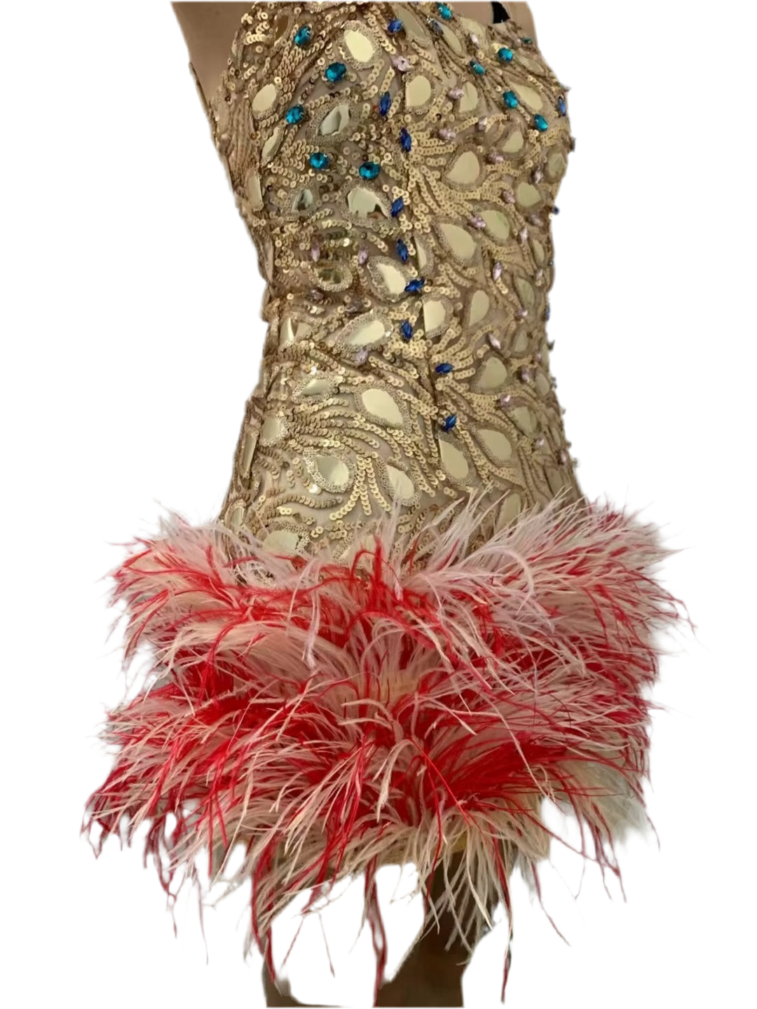 Golden Blaze Feather Mini Dress – Sequin Birthday & Party Outfit