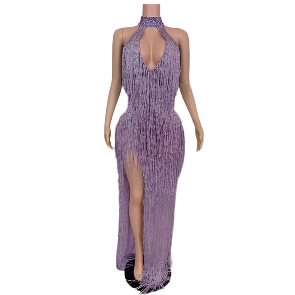 Frosted Fantasy Fringe Gown – Sparkle Crystal Halter Evening Dress