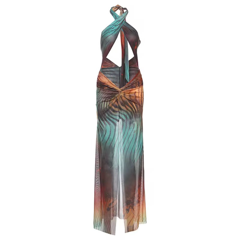 Tropical Tease Cutout Maxi Dress – Sunset Jungle Print Vacation Outfit