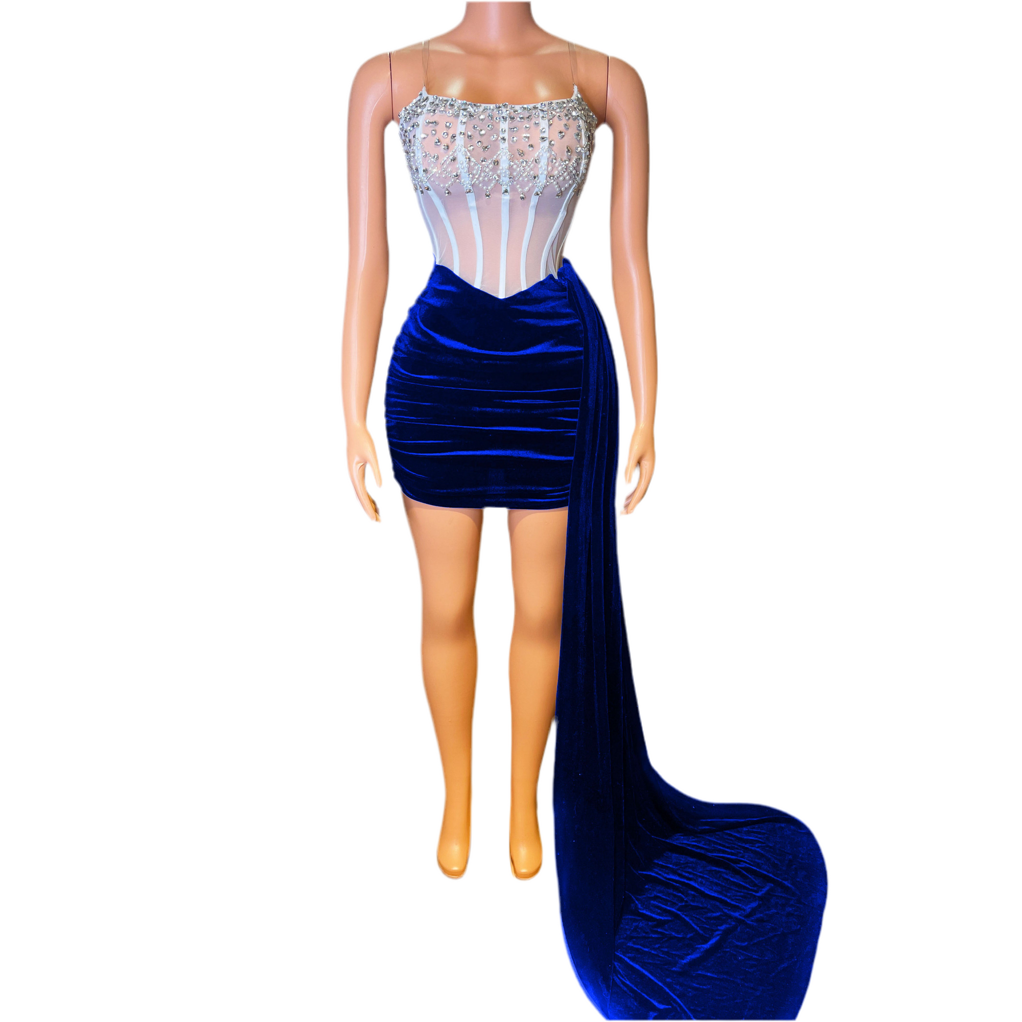 Royal Temptation Velvet Dress – Blue Corset Mini with Train