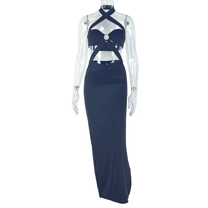 Midnight Mirage Cutout Maxi Dress – Crisscross Halter Black Gown