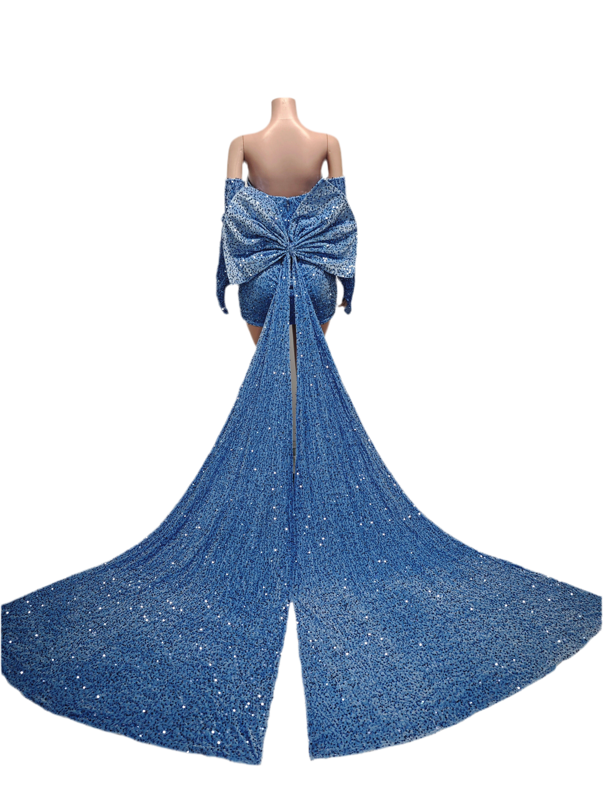 Blue Sapphire Luxe Mini Dress – Rhinestone Birthday & Party Dress with Train