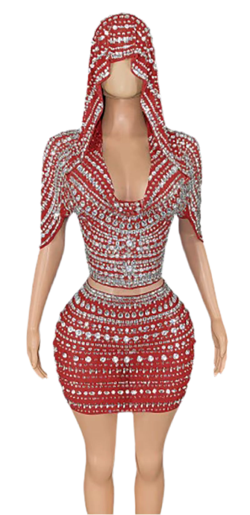 Diamond Drip Hooded 2-Piece Set – Rhinestone Crop & Mini Skirt