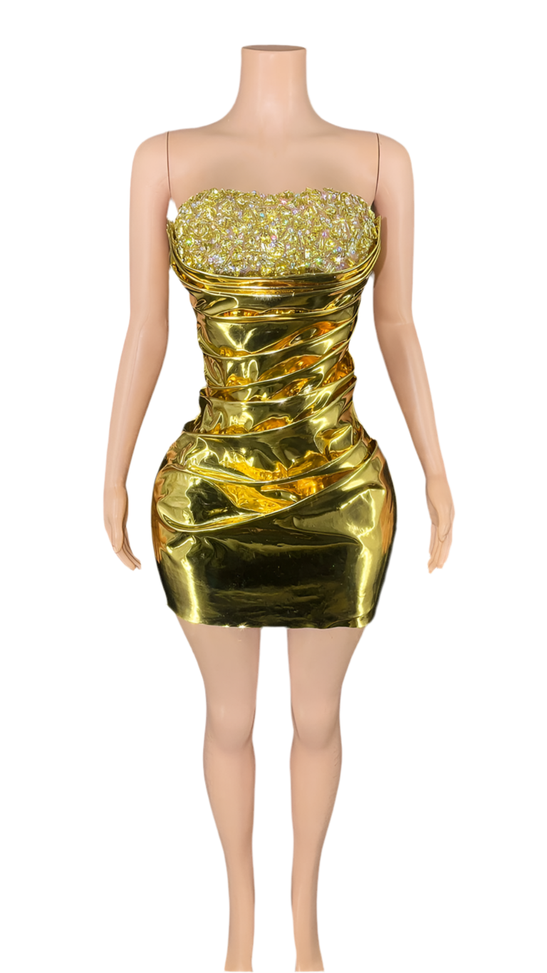 Golden Honey Drip Dress – Gold Crystal Strapless Mini Dress
