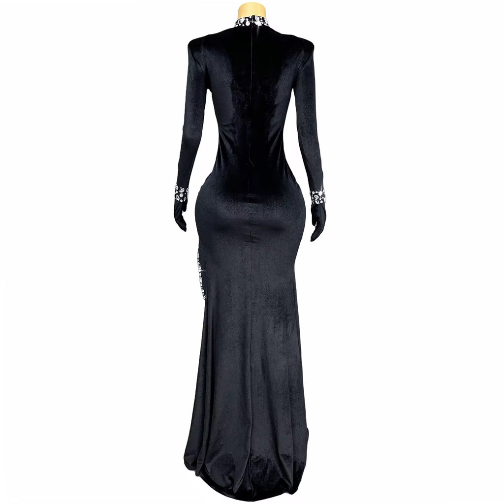 Diamond Illusion Velvet Gown – Sheer Rhinestone Cutout Evening Dress