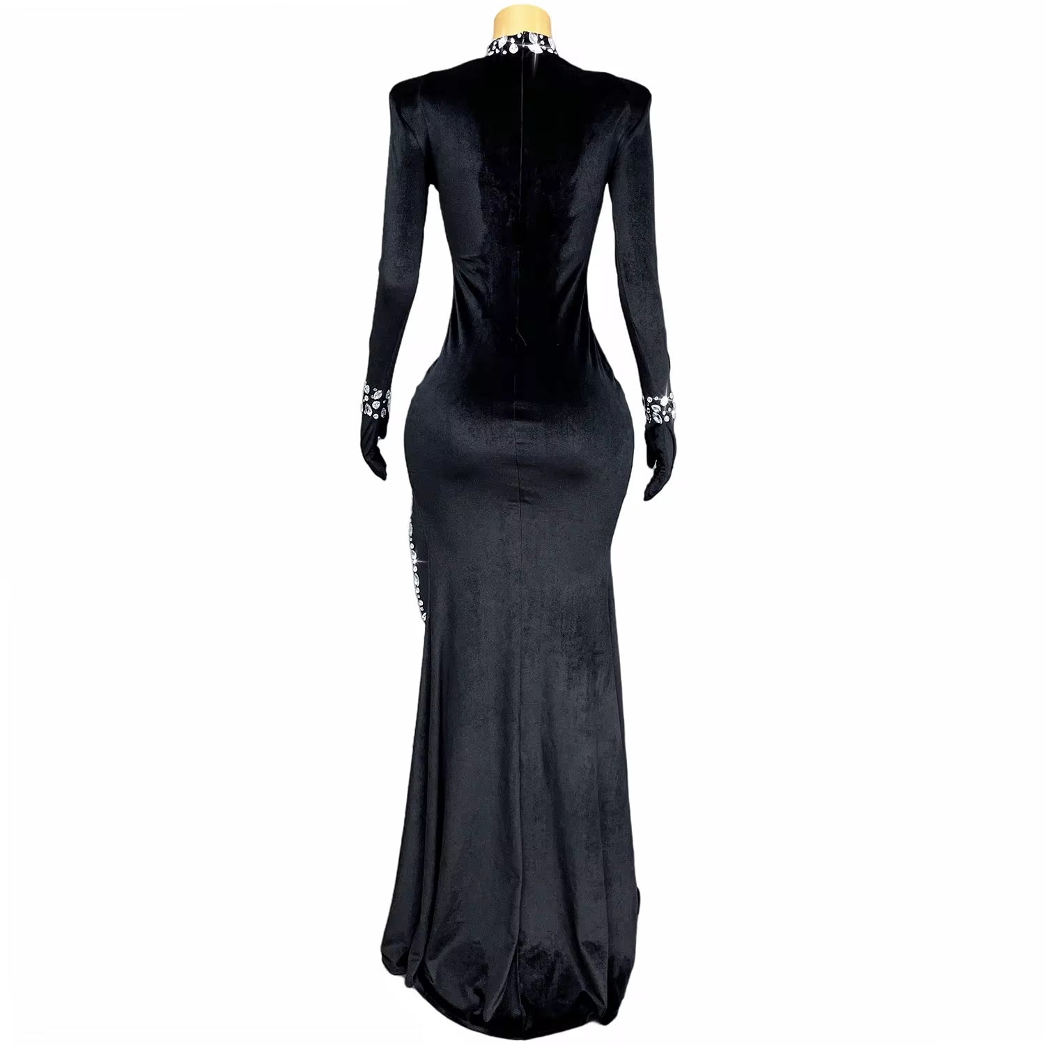 Diamond Illusion Velvet Gown – Sheer Rhinestone Cutout Evening Dress