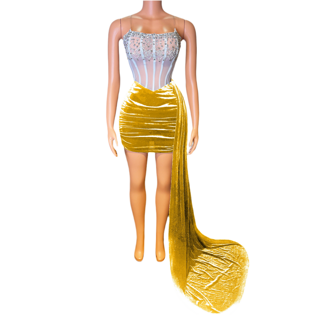 Golden Hour Glam Mini Dress – Gold Velvet Corset Party Dress