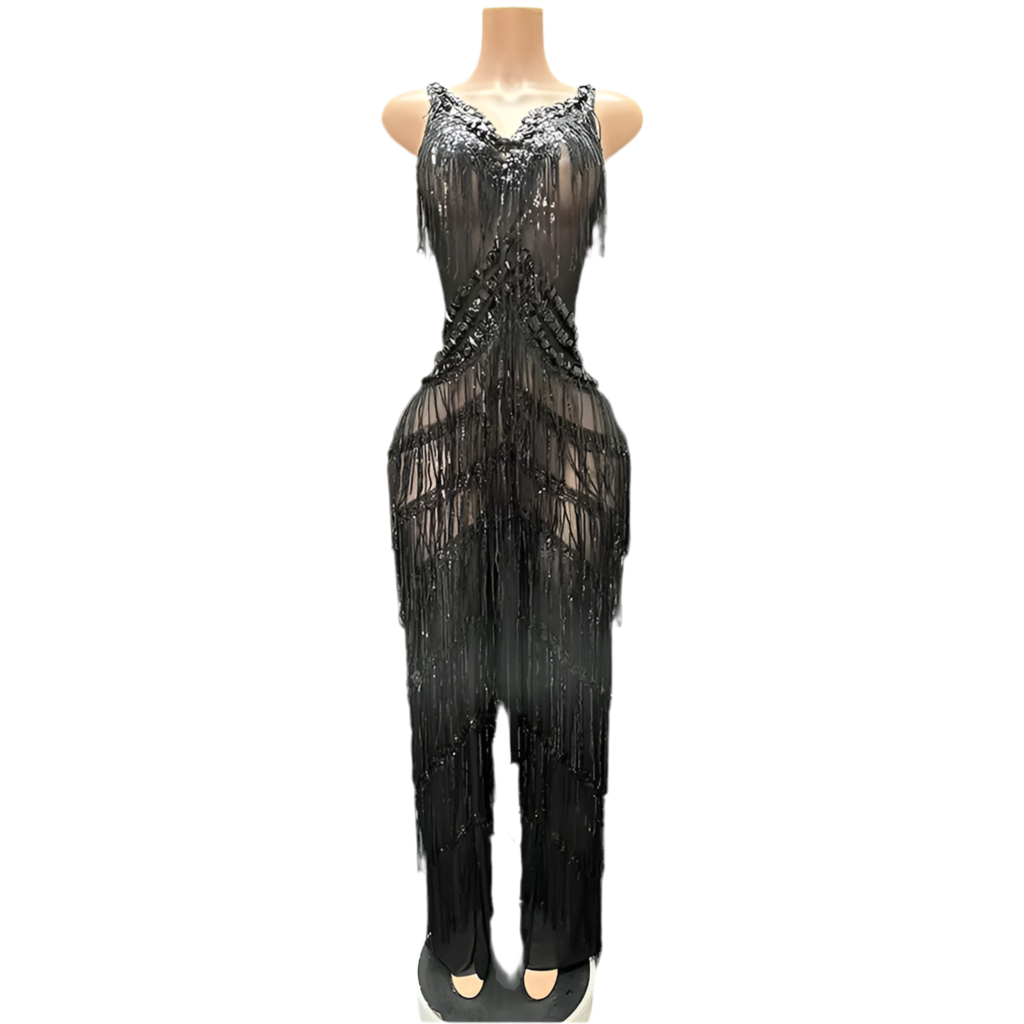 Midnight Fringe Illusion Jumpsuit – Black Sequin Party Outfit