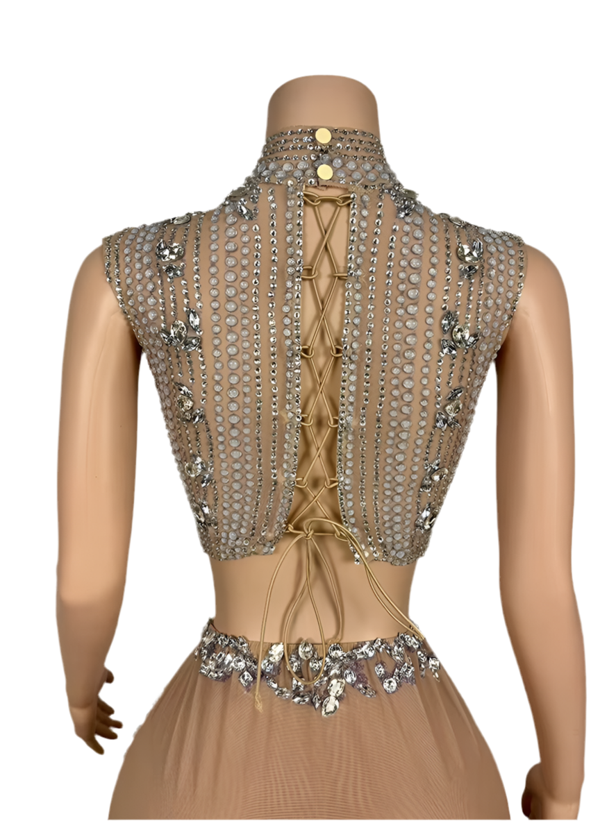 Goddess Glow Rhinestone Skirt Set – Nude Crystal Two-Piece Birthday & Party Outfit