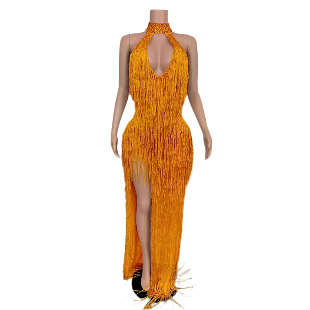 Frosted Fantasy Fringe Gown – Sparkle Crystal Halter Evening Dress