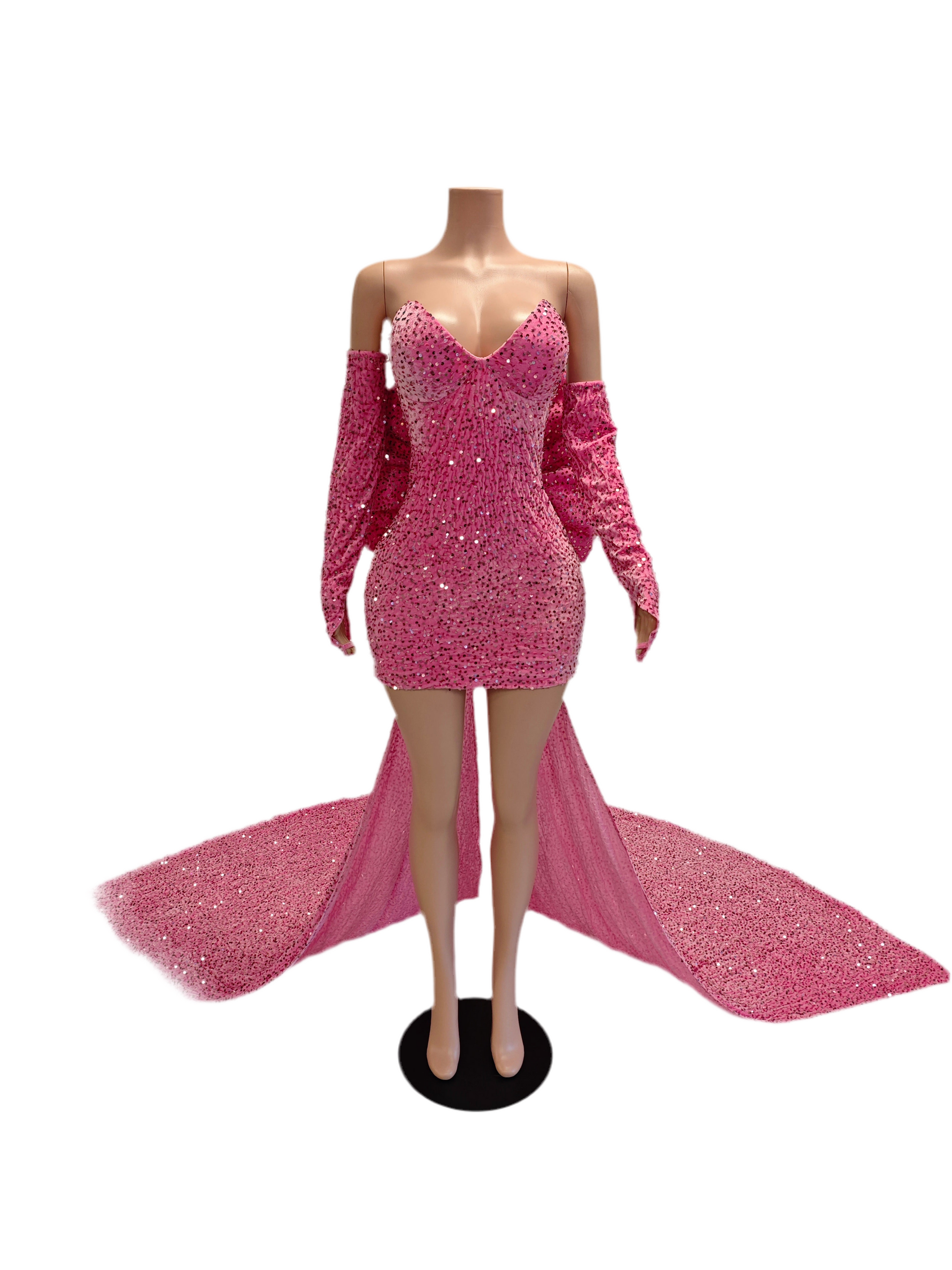 Pink Diamond Luxe Mini Dress – Rhinestone Birthday & Party Dress with Train