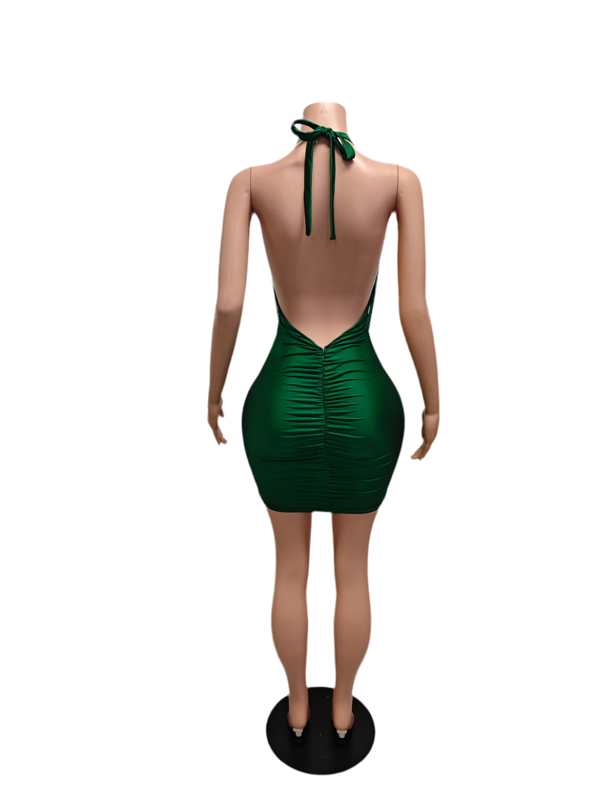 Emerald Envy Ruched Mini Dress – Crystal Halter Party Outfit