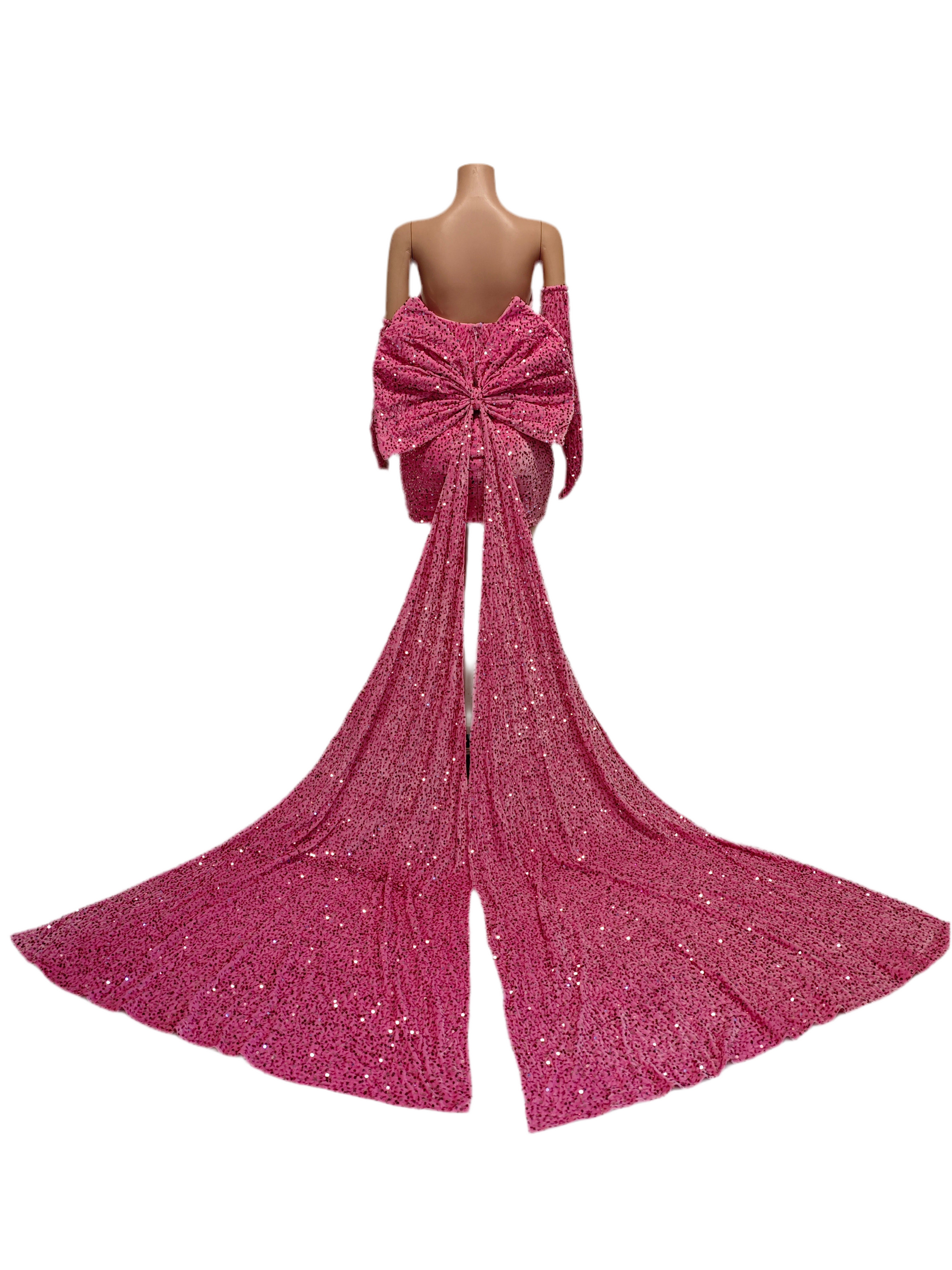 Pink Diamond Luxe Mini Dress – Rhinestone Birthday & Party Dress with Train