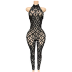 Midnight Web Crystal Catsuit – Black Sequin Sheer Party Outfit