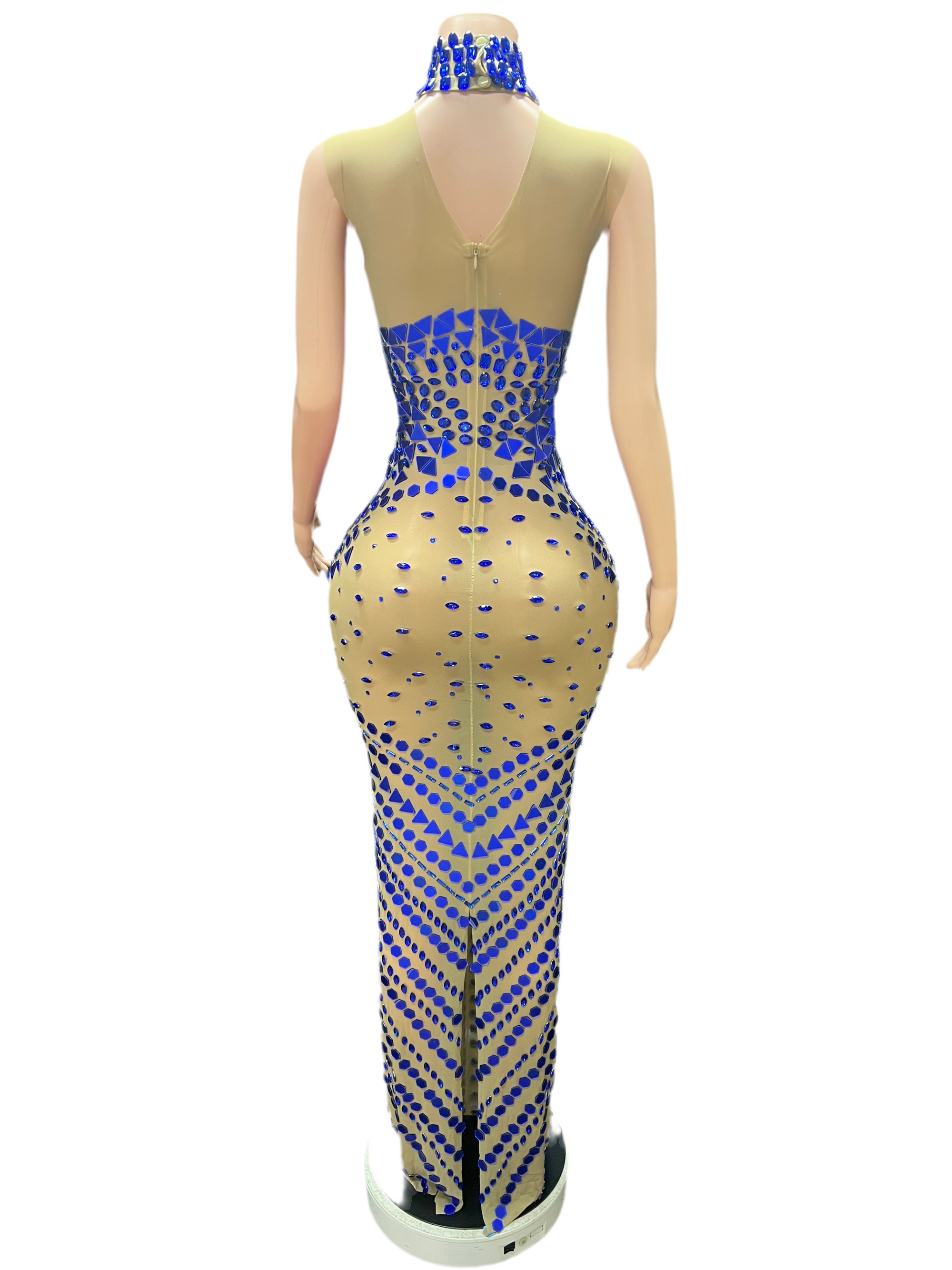 Blueberry Glaze Crystal Gown – Blue Rhinestone Illusion Dress