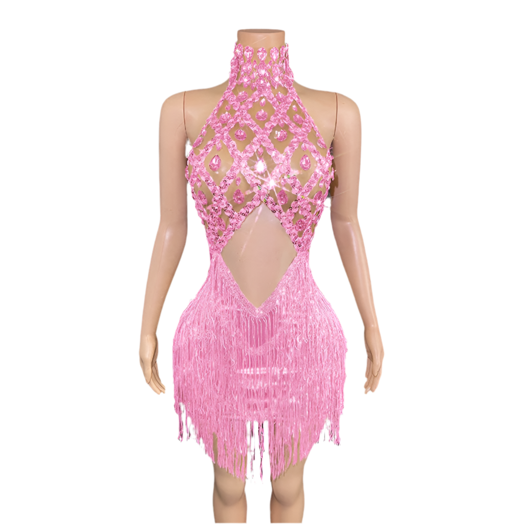 Glamour Gemstone Fringe Mini Dress – Rhinestone Birthday & Party Outfit