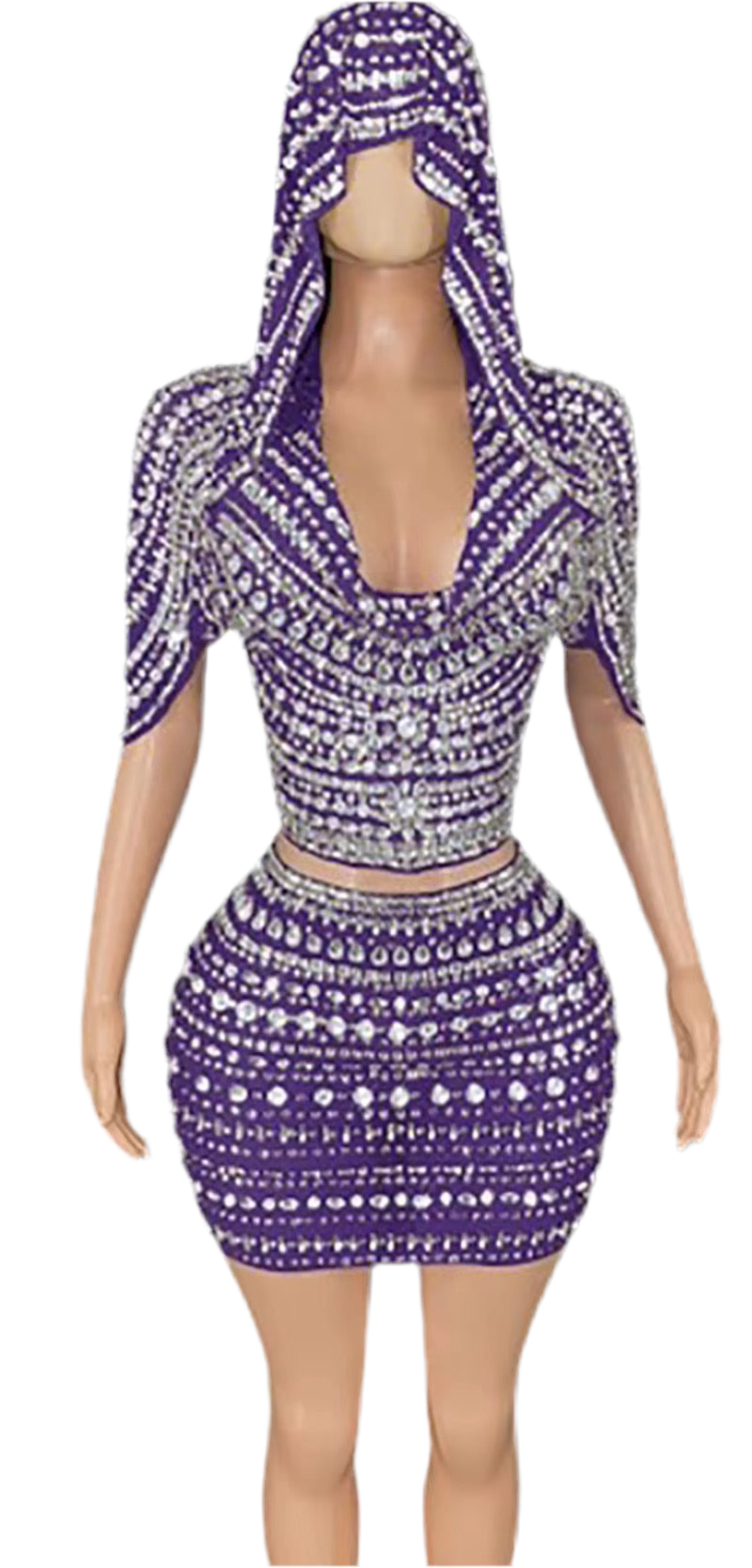 Diamond Drip Hooded 2-Piece Set – Rhinestone Crop & Mini Skirt