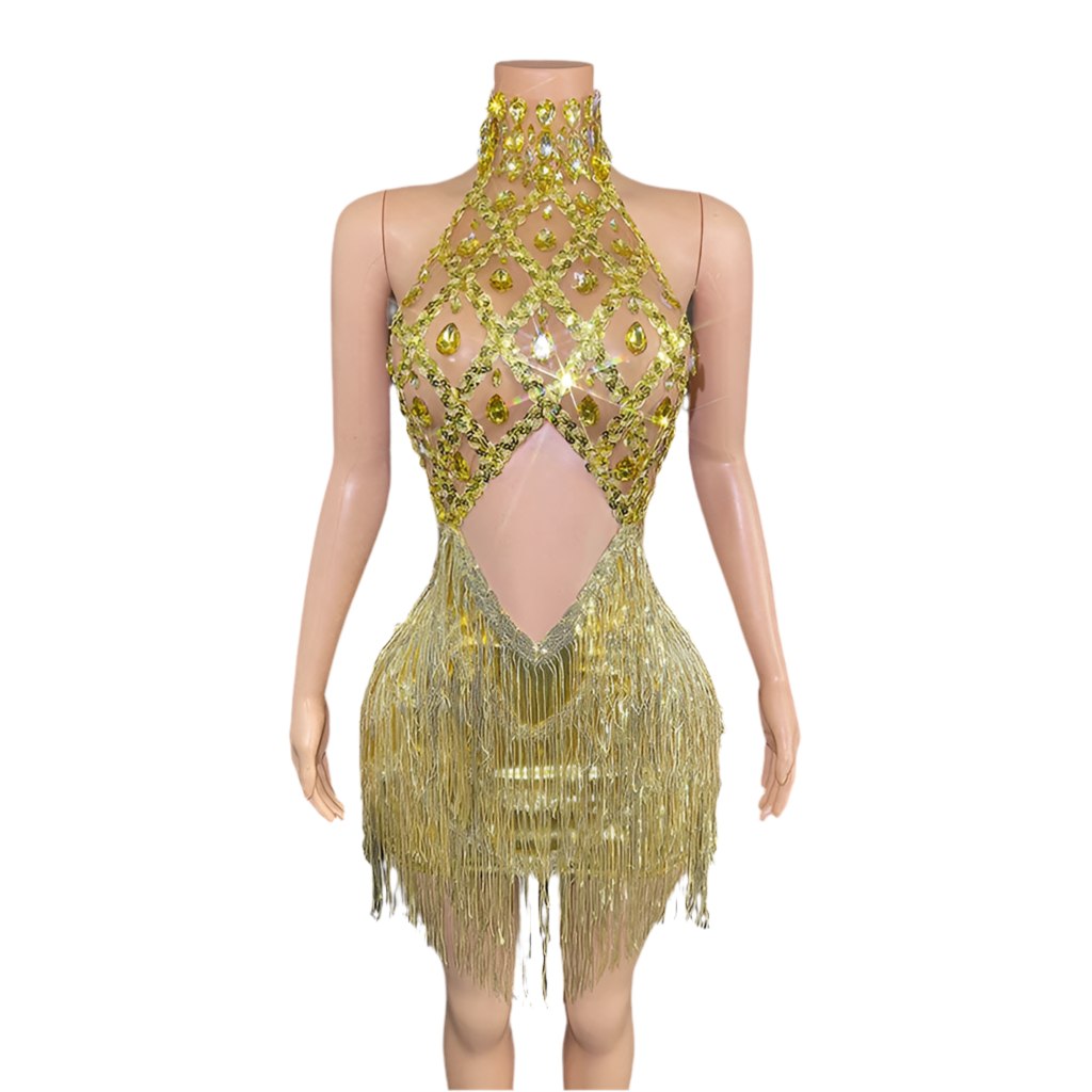 Glamour Gemstone Fringe Mini Dress – Rhinestone Birthday & Party Outfit