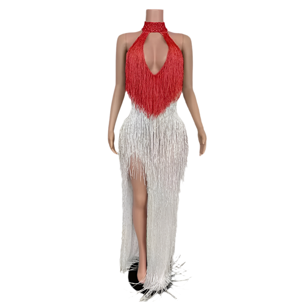 Frosted Fantasy Fringe Gown – Sparkle Crystal Halter Evening Dress