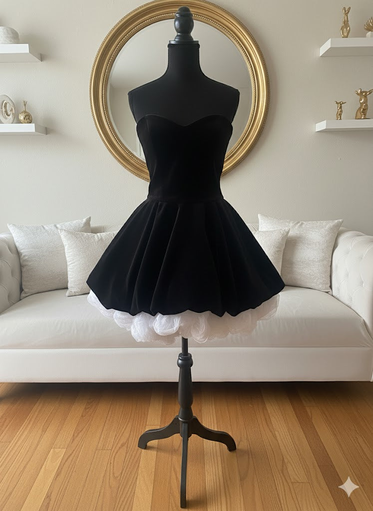 Velvet Sweetheart Mini Dress – Black Puff Skirt with White Layer | Ravishing Beauties Boutique