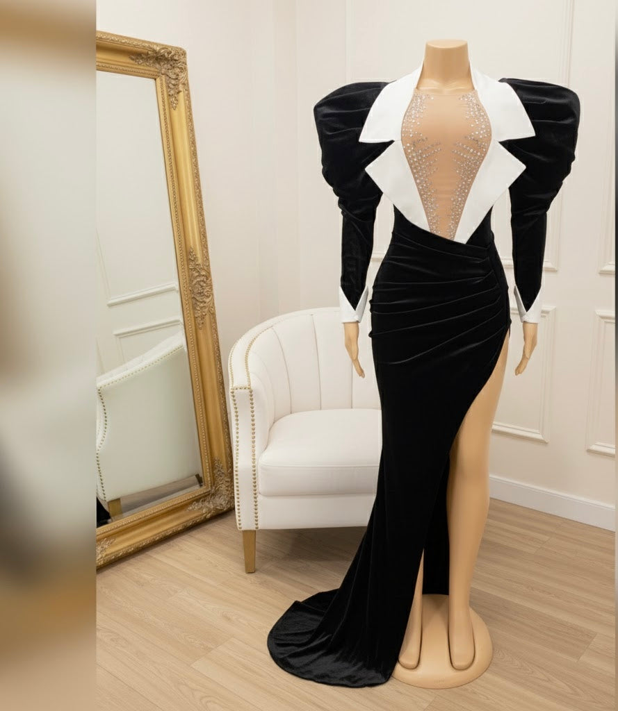 Velvet Power Shoulder Rhinestone Gown – Black & White Asymmetrical Evening Dress | Ravishing Beauties