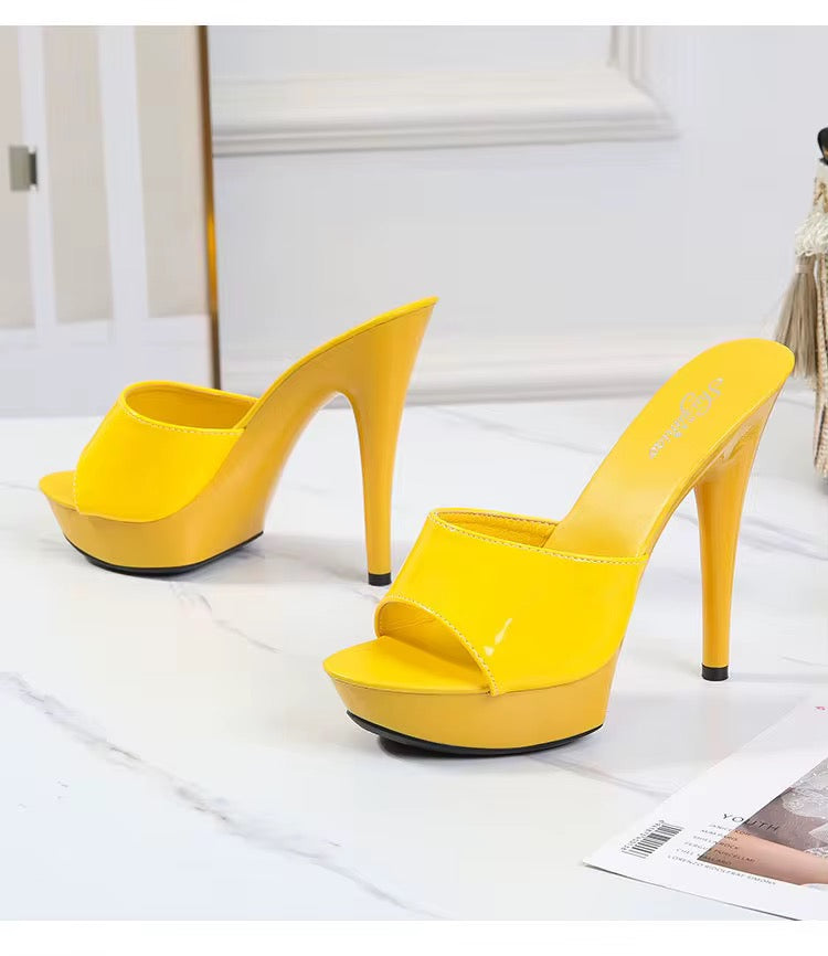 Lemon Drop Platform Mules – Yellow Patent Stiletto Heels