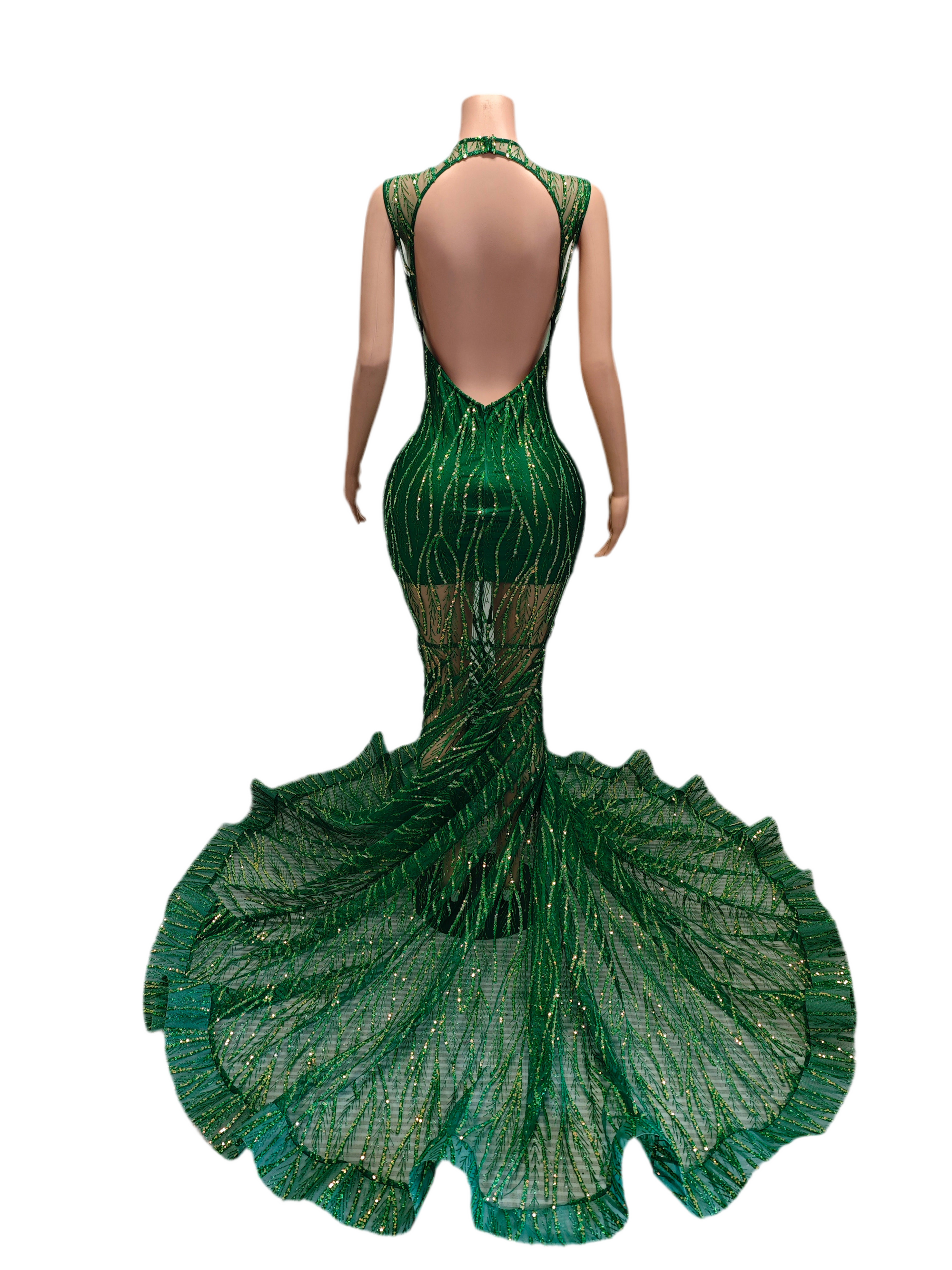 Emerald Elegance Gown – Green Sequin Rhinestone Mermaid Red Carpet Dress