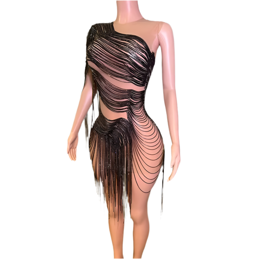 Midnight Seduction Fringe Dress – Black Crystal One-Shoulder Party Dress