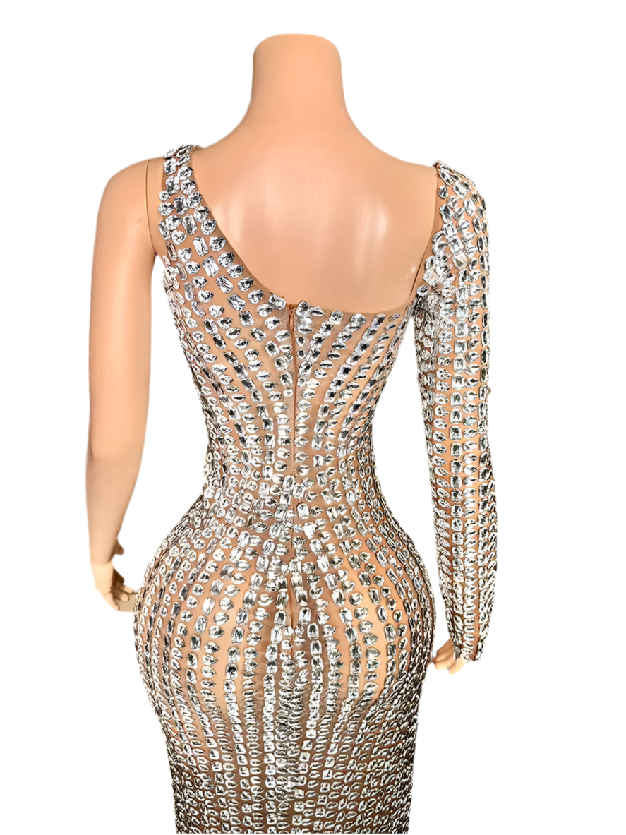Diamond Drip One-Sleeve Gown – Crystal Mesh Rhinestone Evening Dress