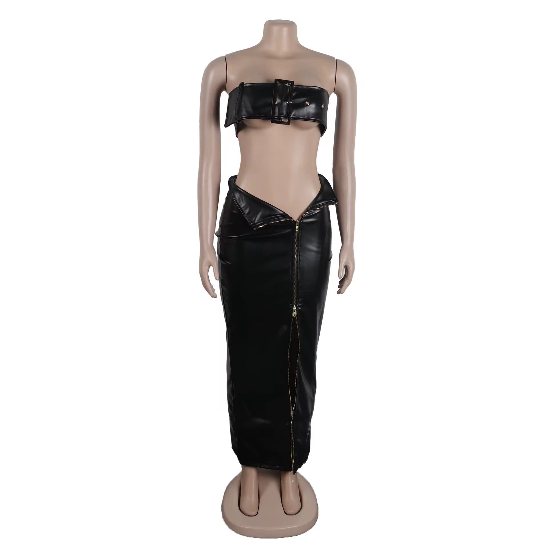 Strapped & Zipped Faux Leather Set – Black Two-Piece Outfit