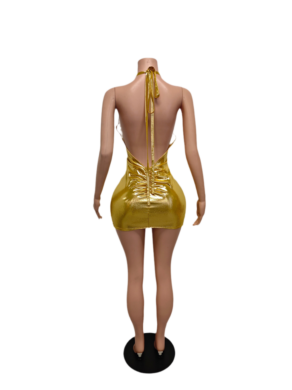 Golden Blaze Ruched Mini Dress – Crystal Halter Party Outfit
