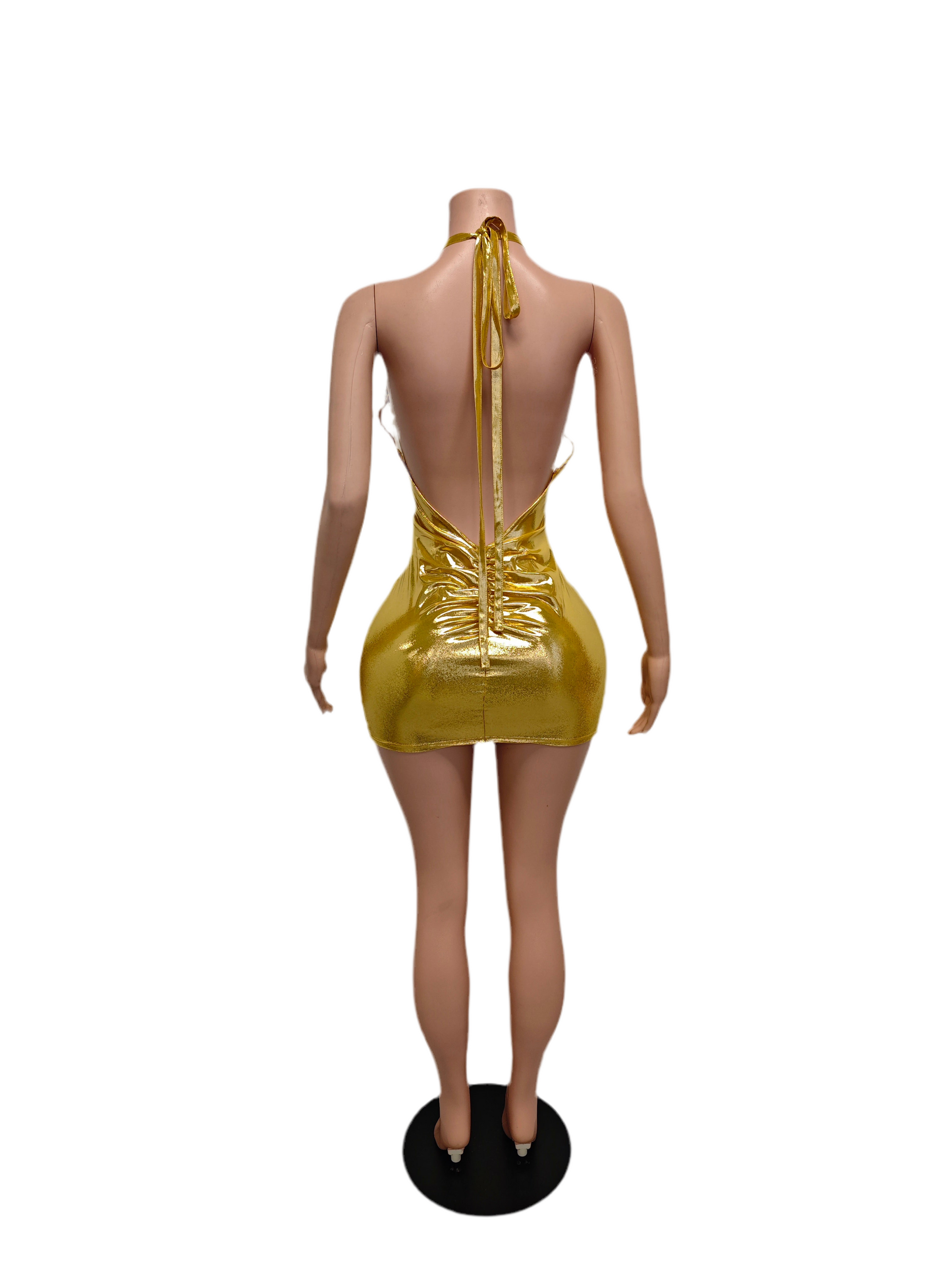 Golden Blaze Ruched Mini Dress – Crystal Halter Party Outfit