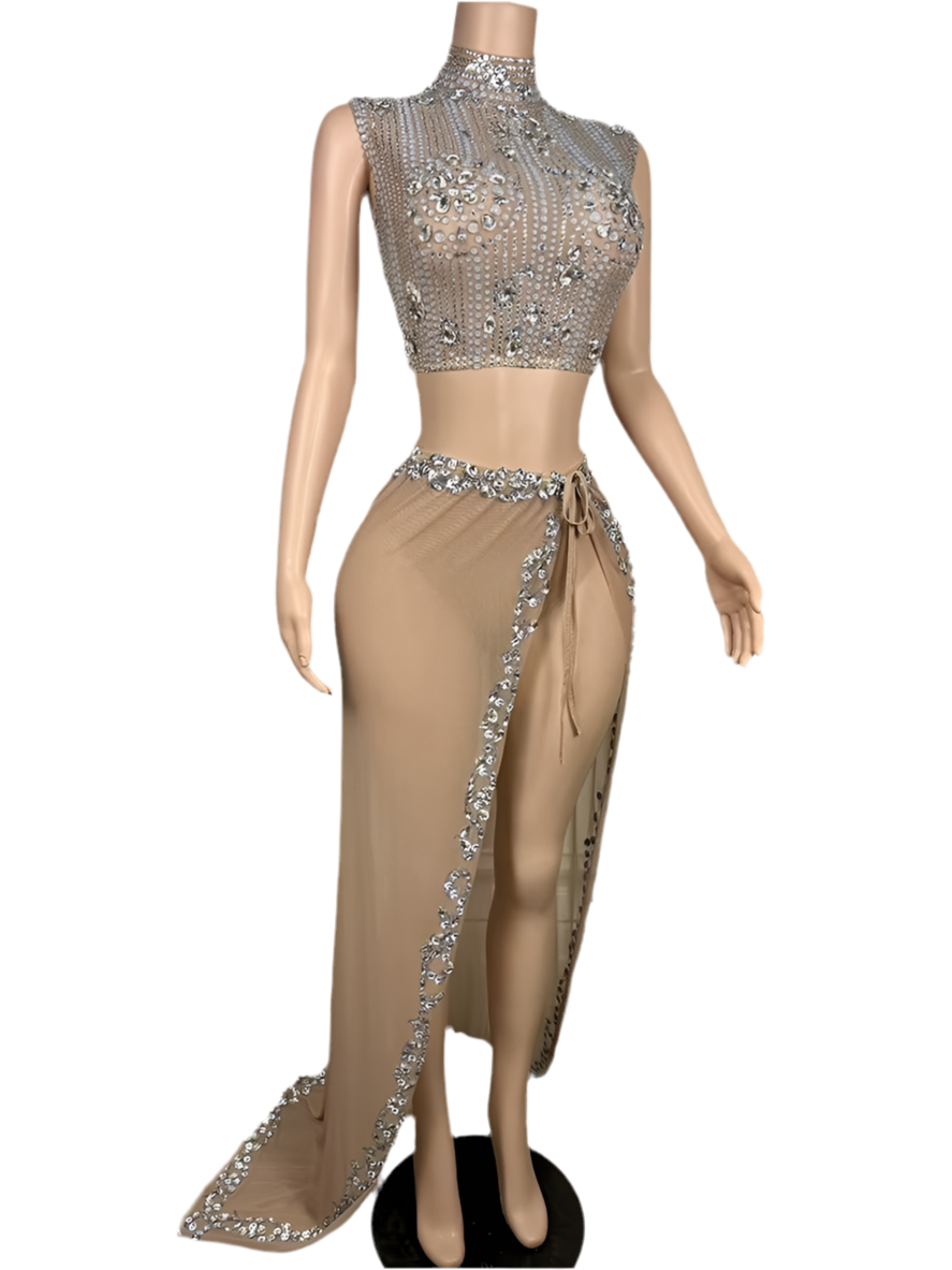 Goddess Glow Rhinestone Skirt Set – Nude Crystal Two-Piece Birthday & Party Outfit