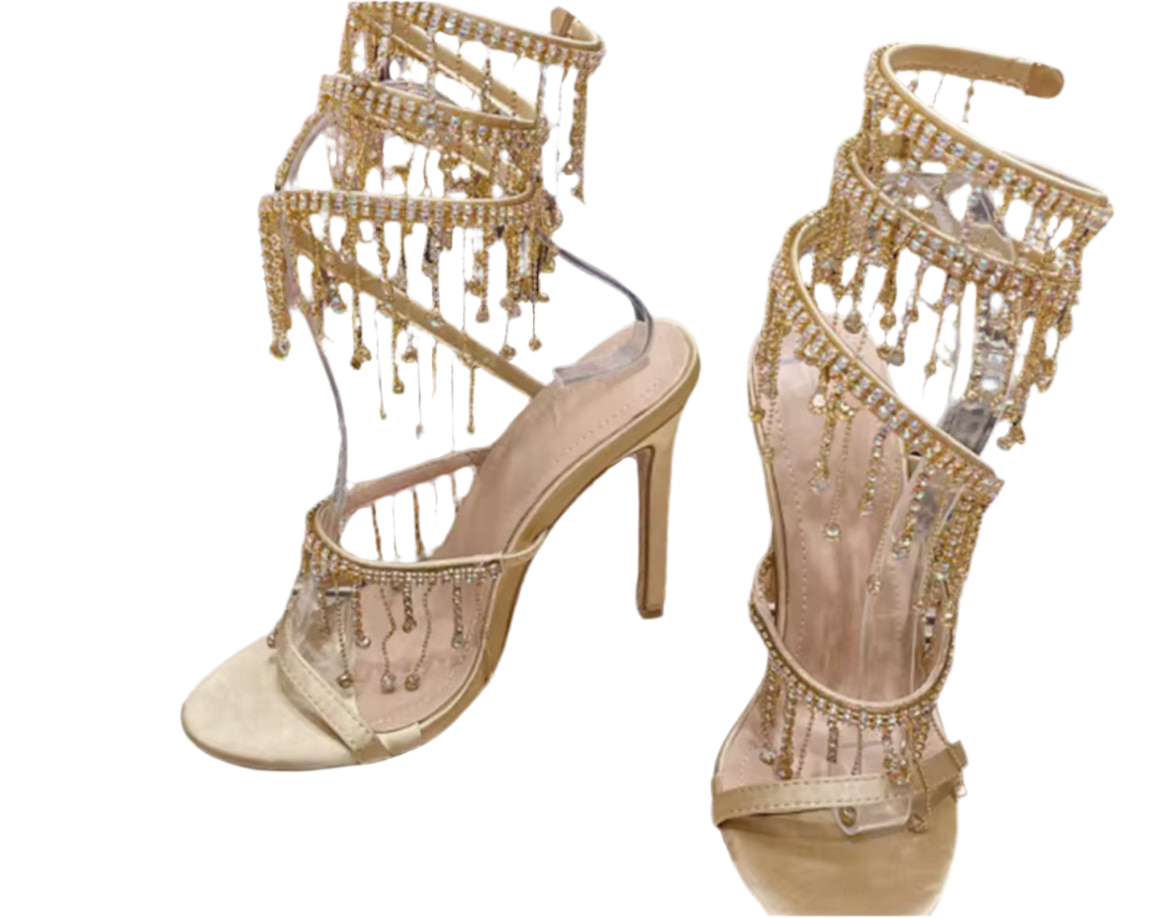 Golden Drip Stiletto Heels – Fringe Beaded Party Sandals