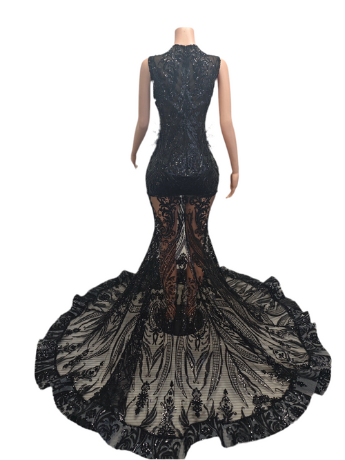 Black Sheer Crystal Mermaid Gown – Luxury High Slit Evening Dress