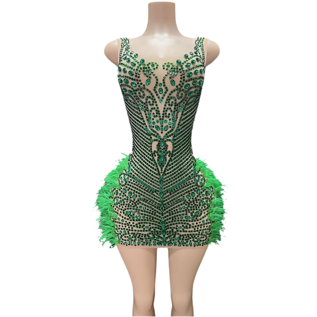 Emerald Tease Mini – Green Gem Feathered Party Dress