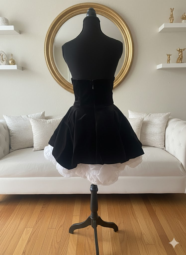 Velvet Sweetheart Mini Dress – Black Puff Skirt with White Layer | Ravishing Beauties Boutique