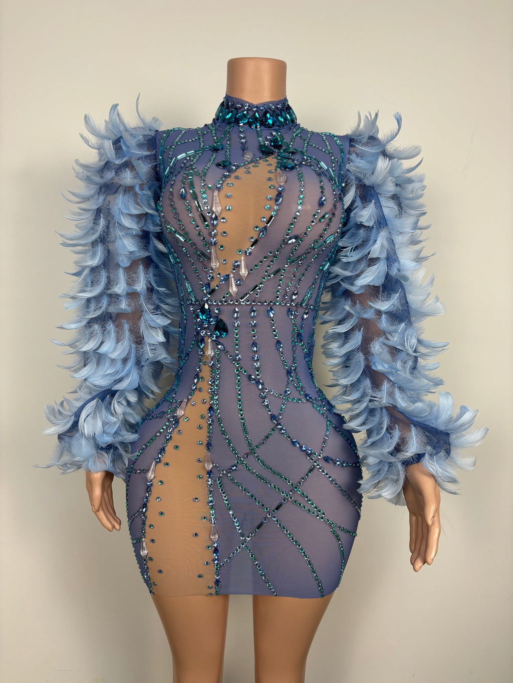Frozen Temptation Feather Gown – Icy Blue Crystal Mini Dress